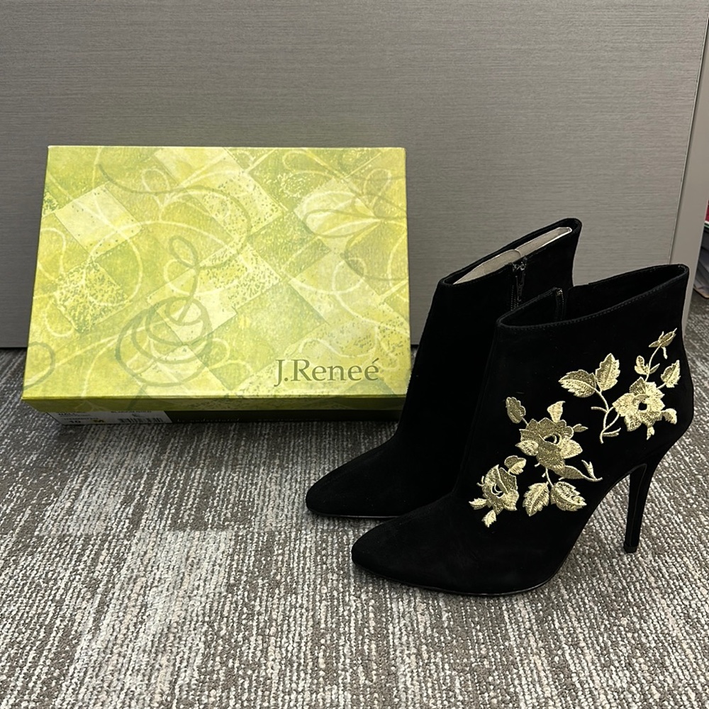 Women’s SZ 10 Black Suede Booties with Gold Embroidery